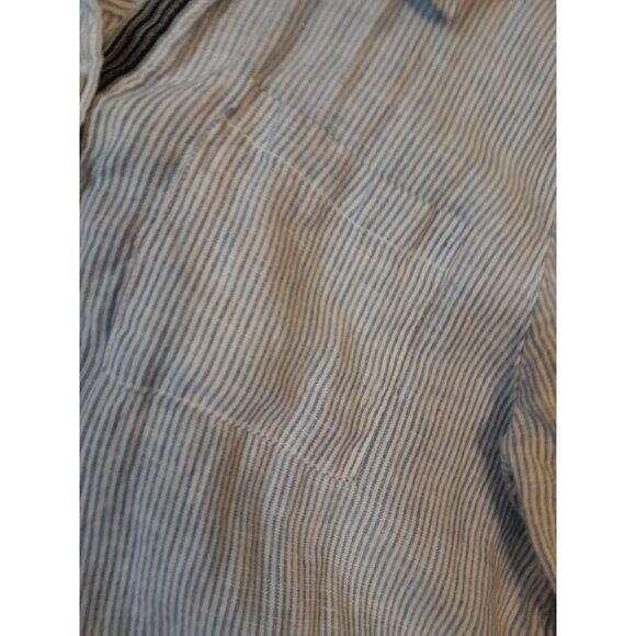Womens Striped Linen Quiet Luxury Roll Tab Beachy Vacation Sz Large Shirt Dress - Picture 4 of 9